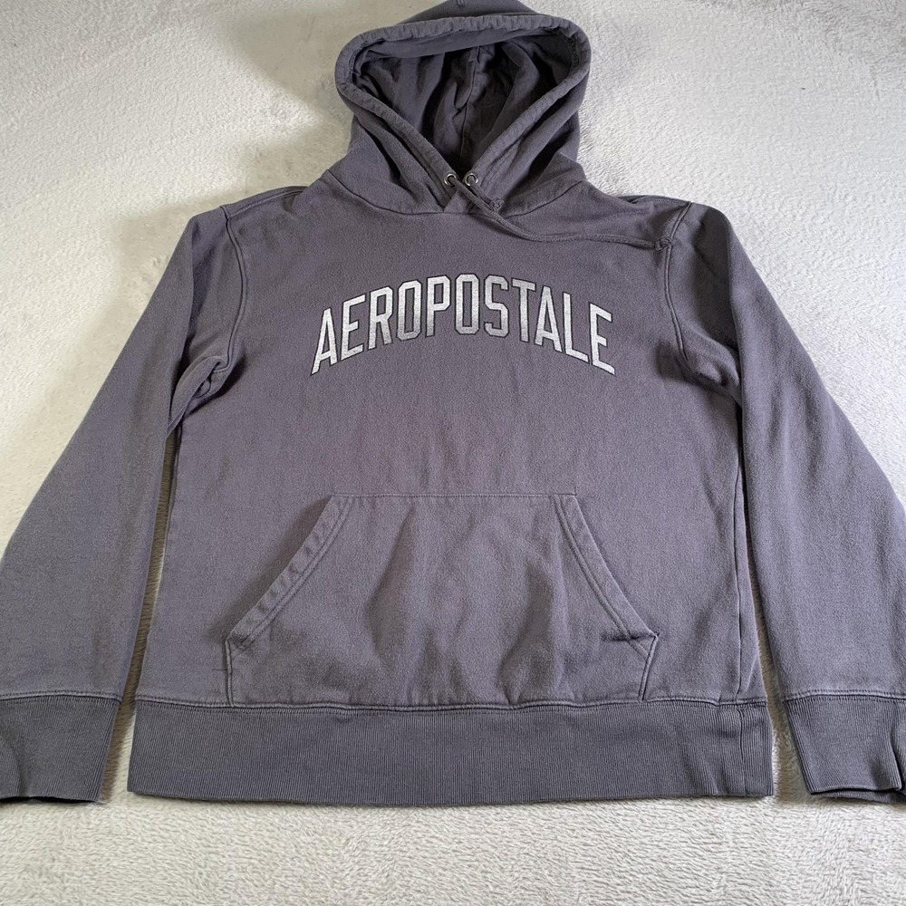 Vintage Aeropostale Hoodie Mens Small Gray Pullover Fleece Sweatshirt Kangaroo